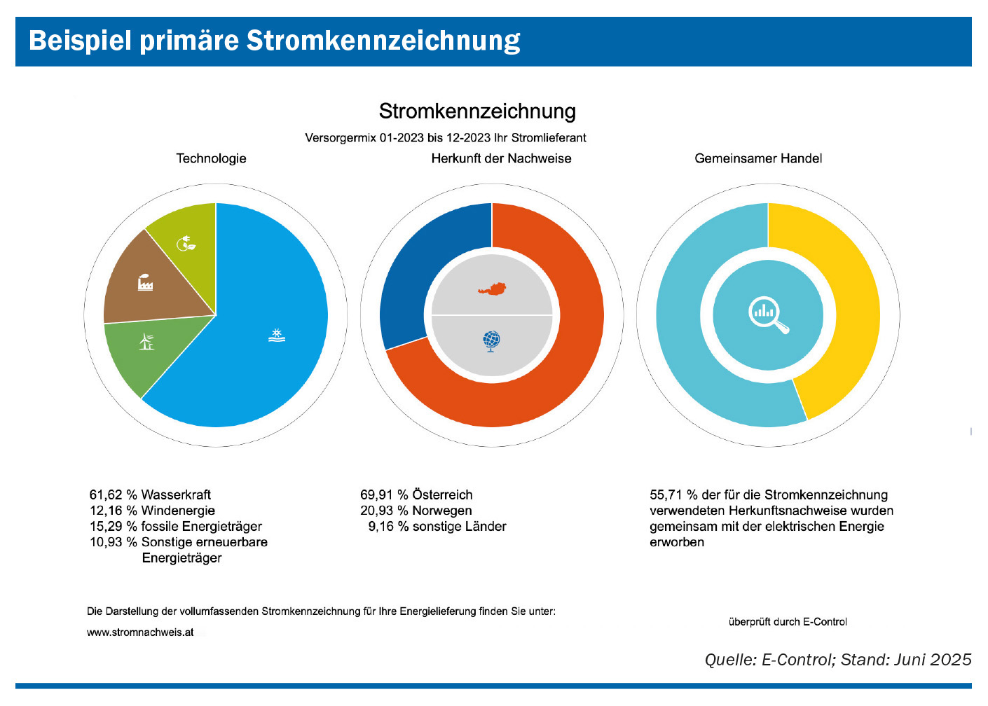 Beispiel für die grafische Darstellung der primären Stromkennzeichnung aus der E-Control-Stromnachweisdatenbank. Es sind Technologie, Herkunft der Nachweise und gemeinsamer bzw. getrennter Handel der Herkunftsnachweise mit dem Strom ersichtlich. Quelle: E-Control; Stand: Juni 2025