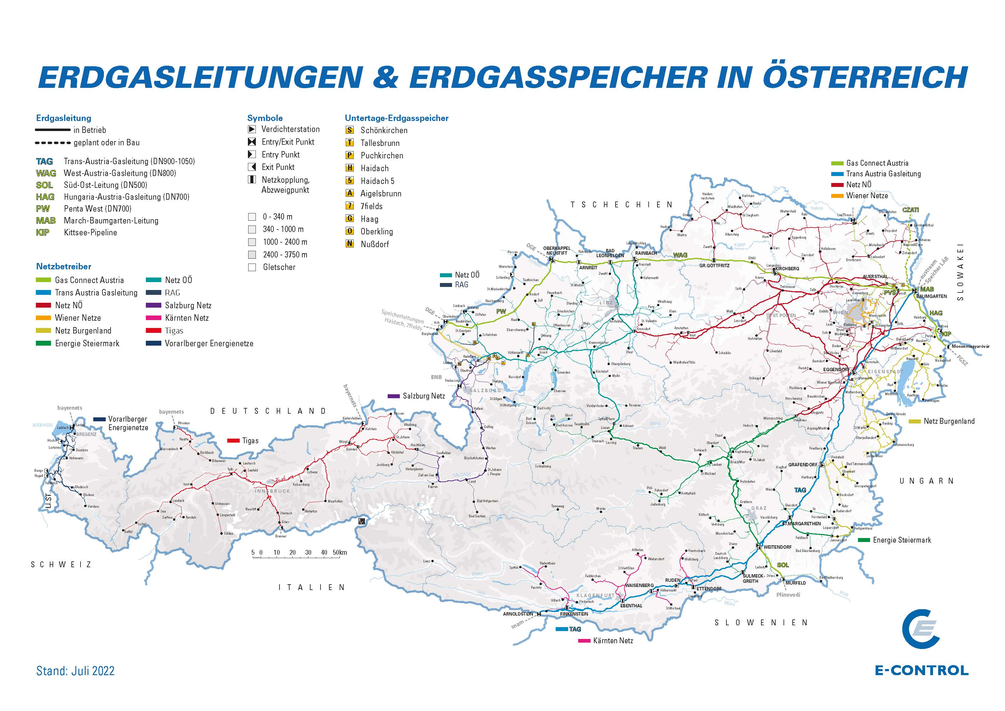 Erdgasleitungen & Erdgasspeicher in Österreich, Stand Juli 2022