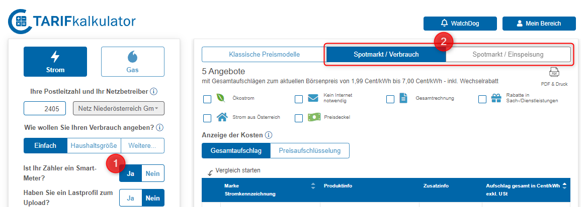 Abb. 3: Spotmarktprodukte im Tarifkalkulator; Quelle E-Control
