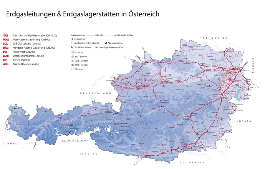 Erdgasleitungen & Erdgaslagerstätten in Österreich, Quelle: E-Control